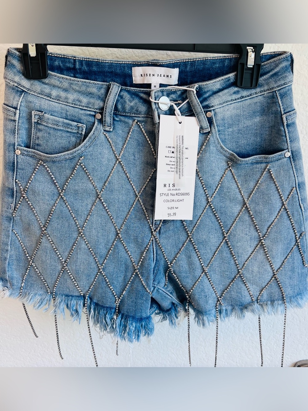 Risen Jeans Rhinestone Fringe Light Blue Denim Shorts NWT